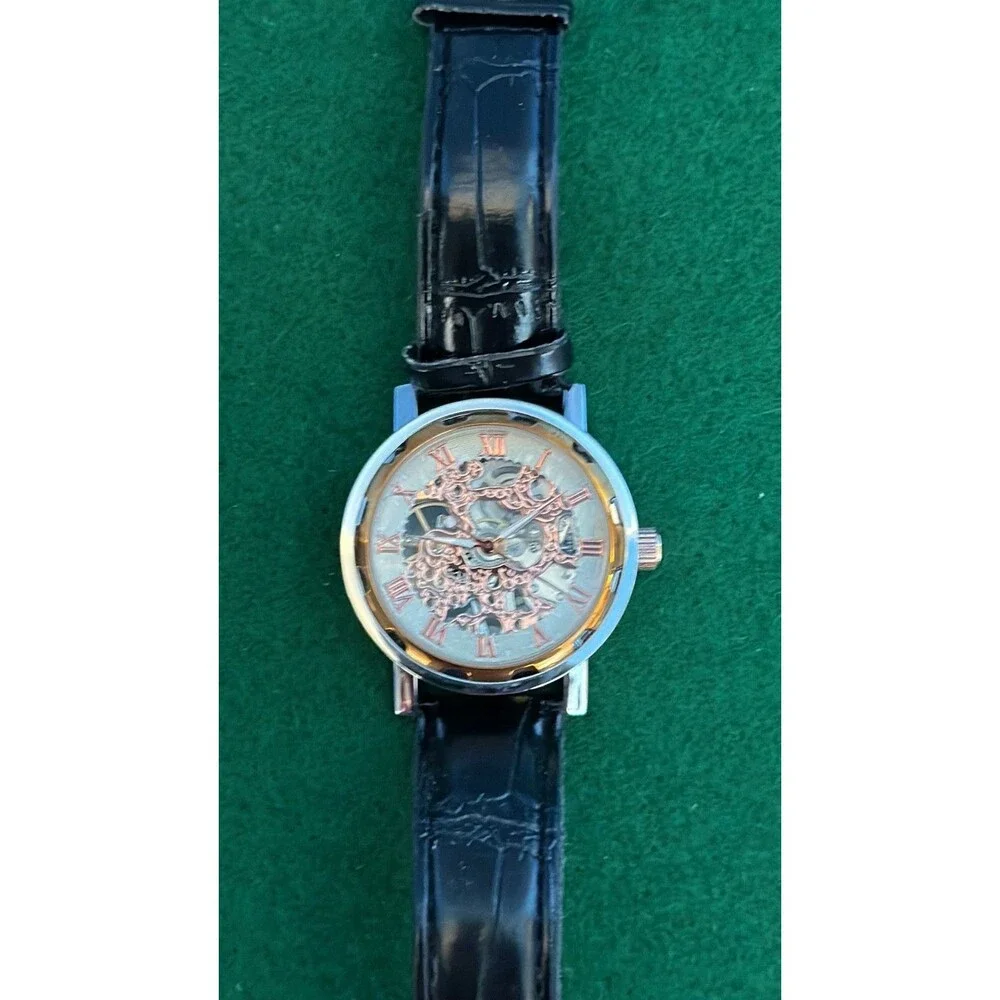 Men's Skeleton Quartz Waterproof Watch  Hollow Face Black Leather Band